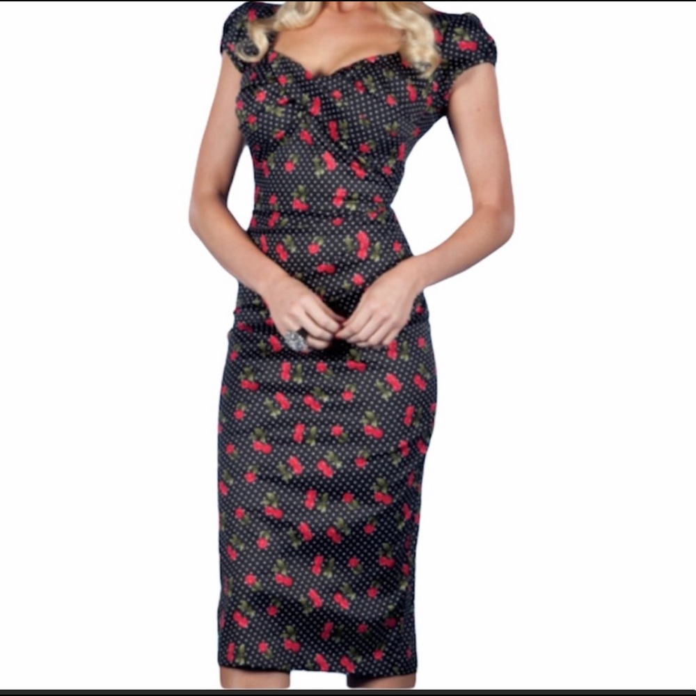 Stop Staring Ella Cherry Print Black Wiggle Dress